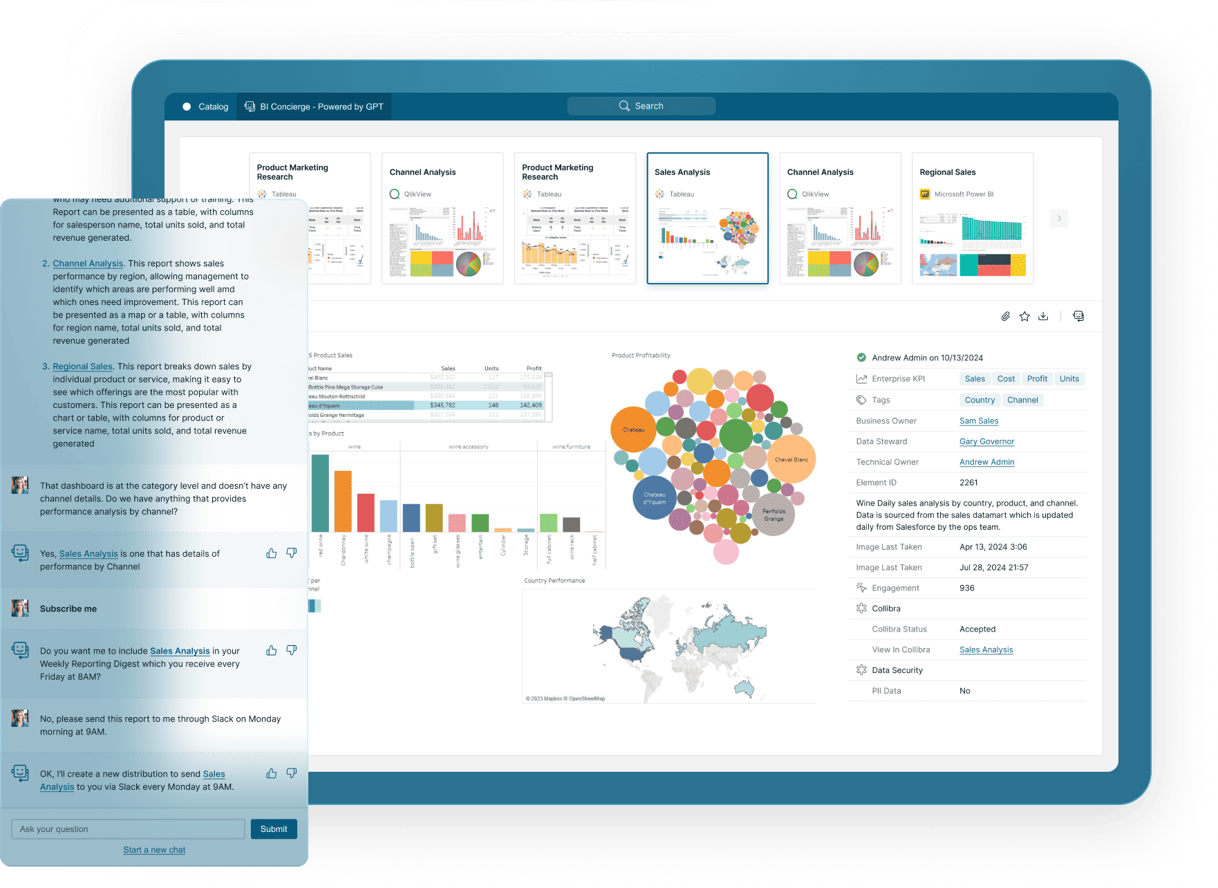 AI-Powered BI Concierge Platform - Interface showing analytics assistant with data visualization dashboards and chat interaction Mobile Version