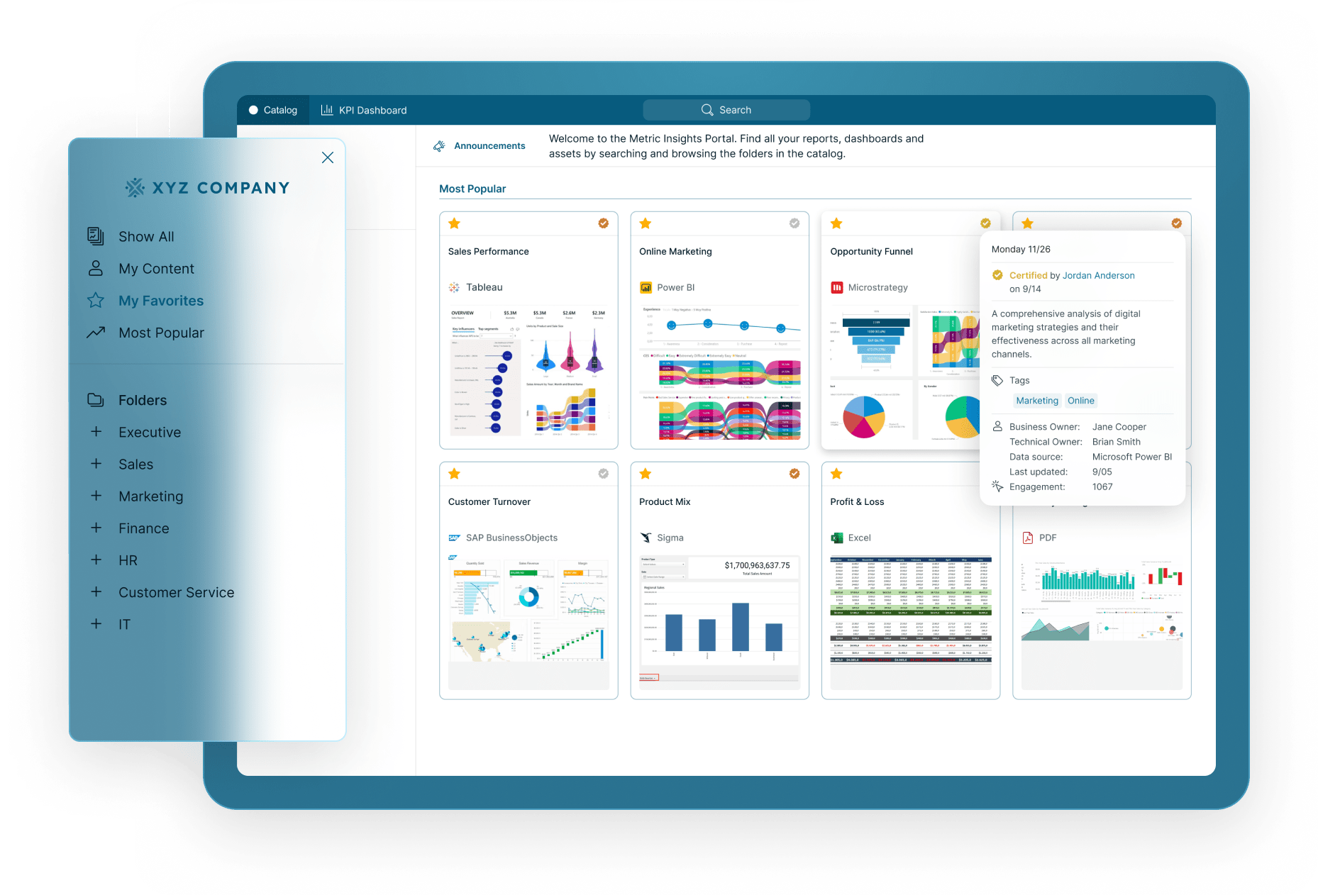 BI Catalog dashboard interface with organized departmental folders and analytics reports Mobile Version