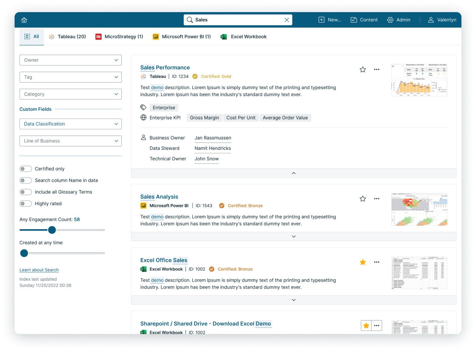 BI portal search interface with extended metadata filters including Owner, Tag, Category, and Custom Fields