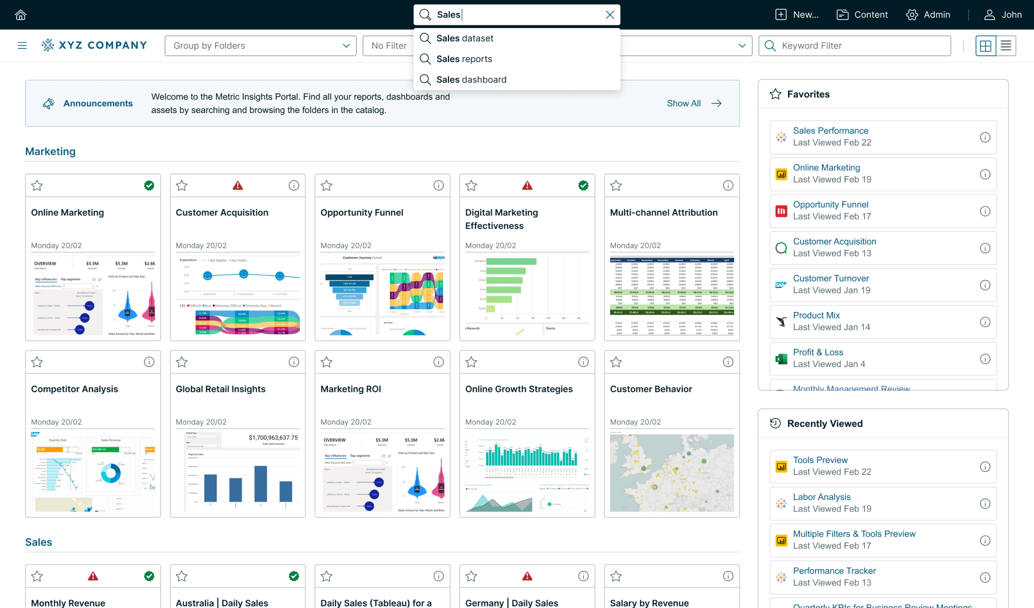 BI Catalog search and filter interface showcasing organized analytics reports and dashboards - Mobile