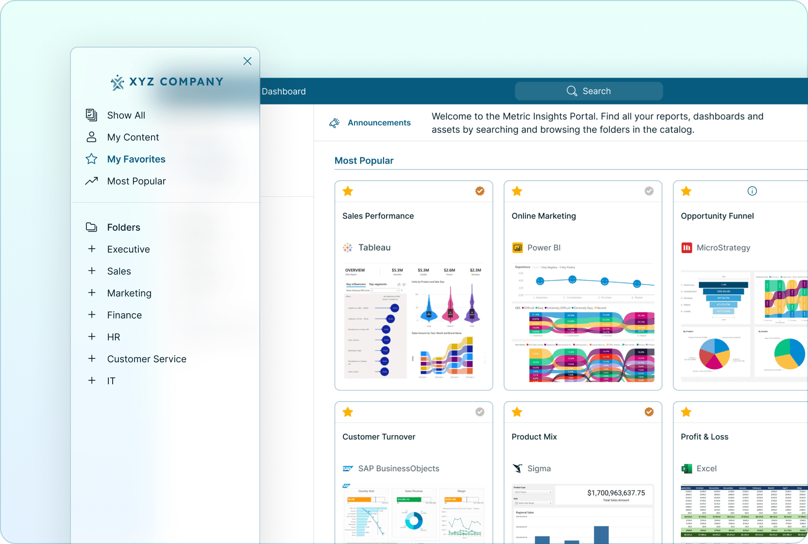 BI portal navigation interface with structured folder hierarchy and organized analytics content Mobile Version