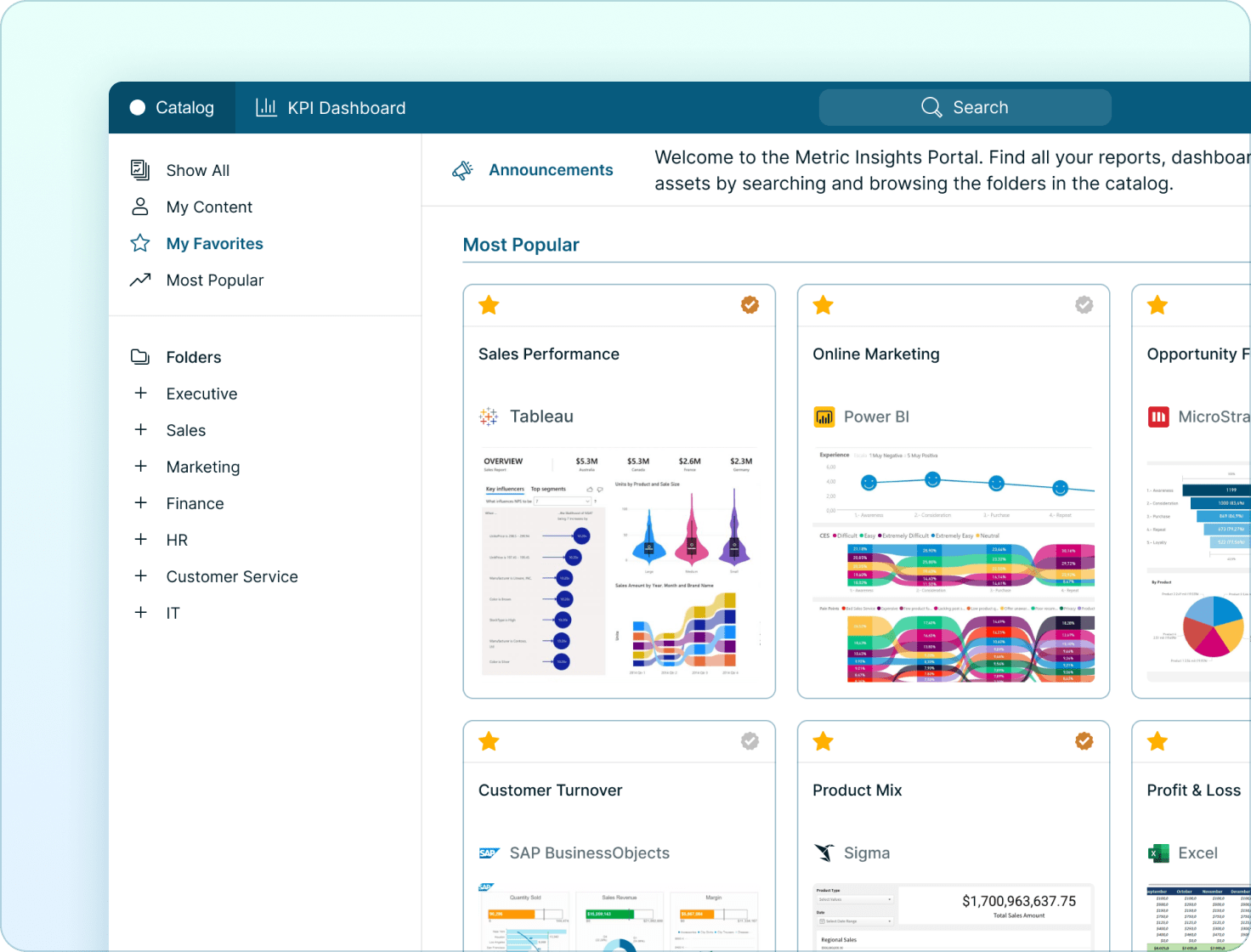 BI catalog interface with organized analytics content and departmental navigation Mobile Version