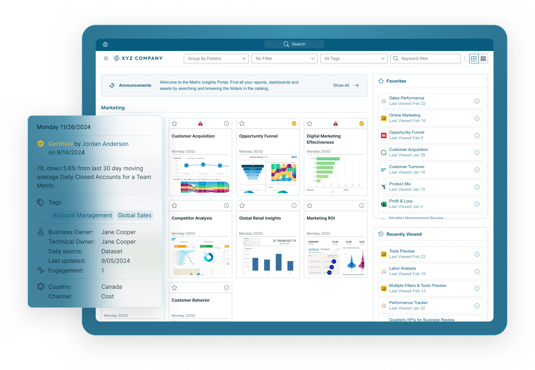 Enterprise BI Portal dashboard showing consolidated business intelligence tools and metrics catalog Mobile Version