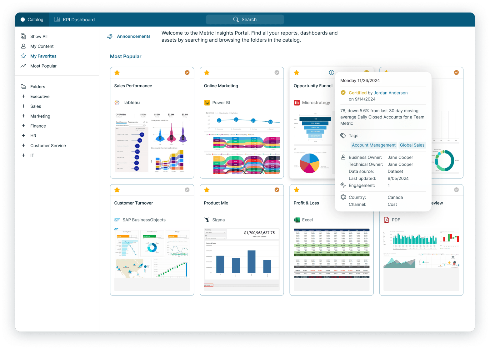 BI catalog interface showing departmental navigation and certified reports