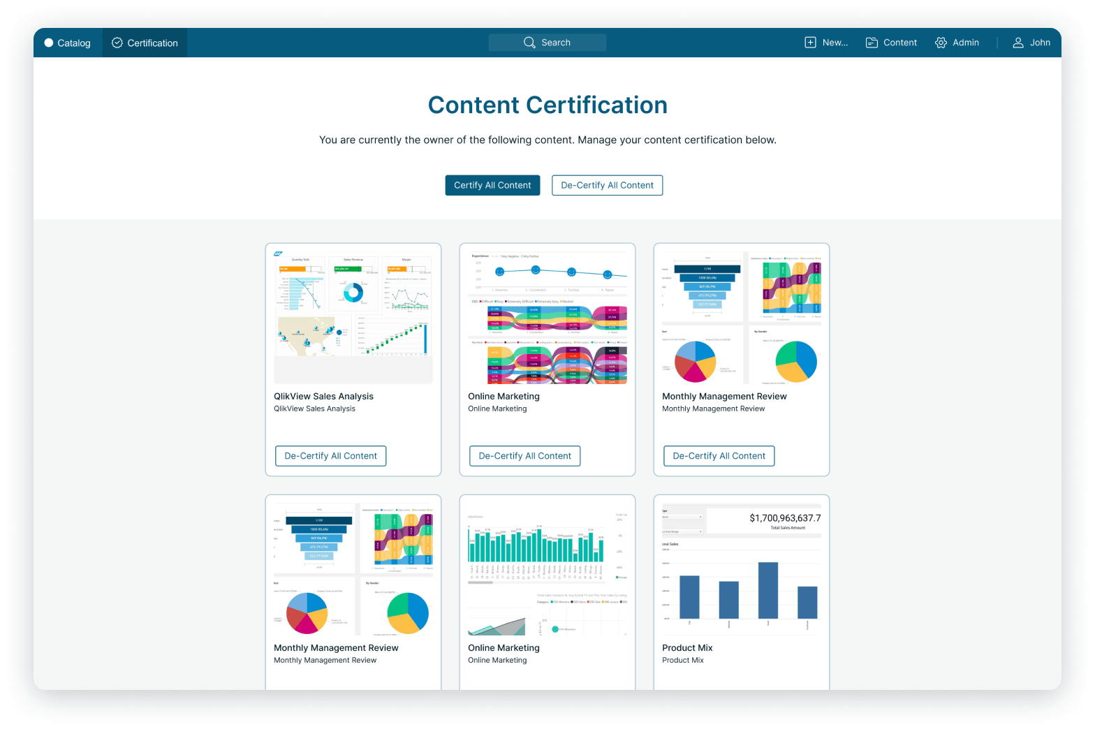 BI portal search interface with extended metadata filters including Owner, Tag, Category, and Custom Fields